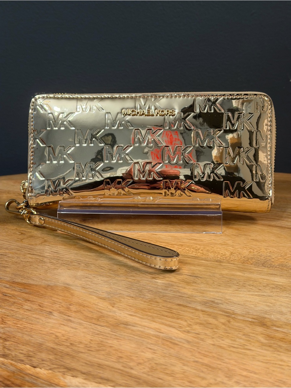 Michael Kors Metallic Gold MK Embossed Zip Wallet Wristlet